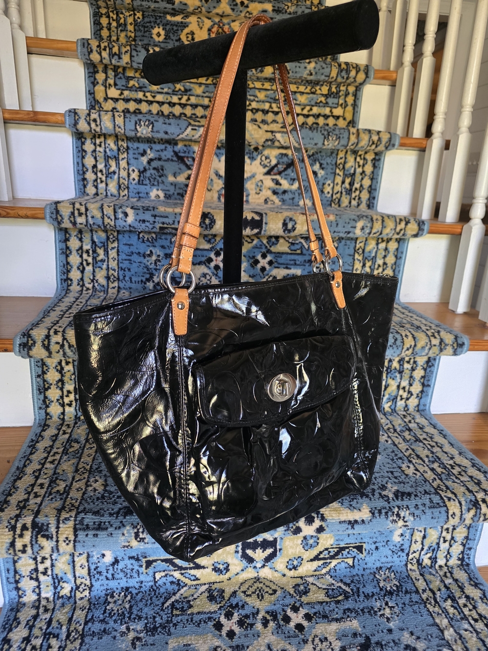 Coach Black Patent Tote Bag with Tan Straps